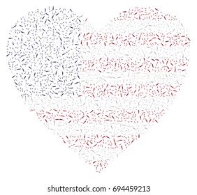 Heart shaped abstract American flag - the flag of United States of America made of small red, white and blue pencils