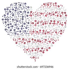 Heart shaped abstract American flag - the flag of United States of America made of small red, white and blue question marks