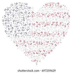 Heart shaped abstract American flag - the flag of United States of America made of small red, white and blue forks and knives