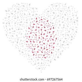 Heart shaped abstract Japanese flag - the flag of Japan made of small red and white  human beings