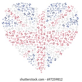 Heart shaped abstract UK flag - the flag of United Kingdom made of small red, white and blue forks and knives