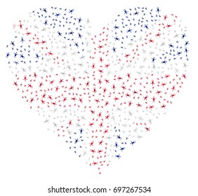 Heart shaped abstract UK flag - the flag of United Kingdom made of small red, white and blue human beings