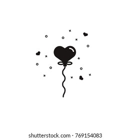 Heart Shaped Air Balloon Black Sillhouette Icon On Isolated White Background For Valentine's Day, Birthday, Anniversary Celebration. 