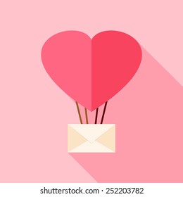 Heart shaped air balloon with envelope. Flat stylized object with long shadow