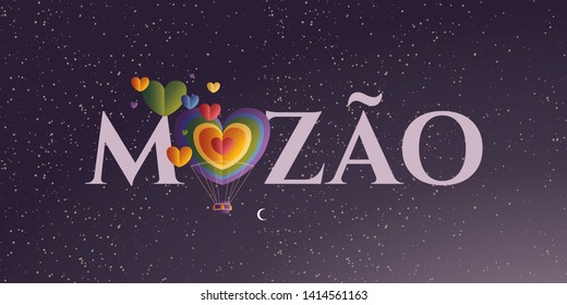 Heart Shaped Air Balloon. Valentines Day Vector Illustration. Love Representation. Romantic postcard, banner, invitation. Brazilian title, logo, lettering saying Big Love.