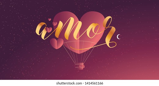 Heart Shaped Air Balloon. Valentines Day Vector Illustration. Love Representation. Romantic postcard, banner, invitation. Brazilian title, logo, lettering saying Love.