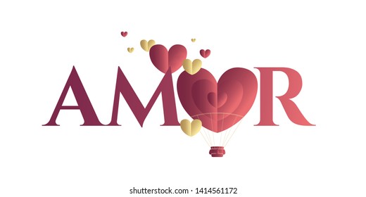 Heart Shaped Air Balloon. Valentines Day Vector Illustration. Love Representation. Romantic postcard, banner, invitation. Brazilian title, logo, lettering saying Love.