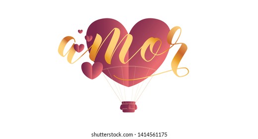 Heart Shaped Air Balloon. Valentines Day Vector Illustration. Love Representation. Romantic postcard, banner, invitation. Brazilian title, logo, lettering saying Love.