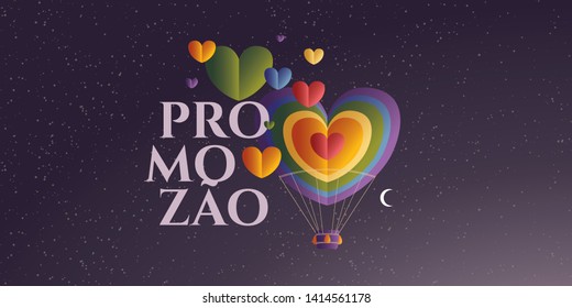 Heart Shaped Air Balloon. Valentines Day Vector Illustration. Love Representation. Romantic postcard, banner, invitation. Brazilian title, logo, lettering saying Promotion.