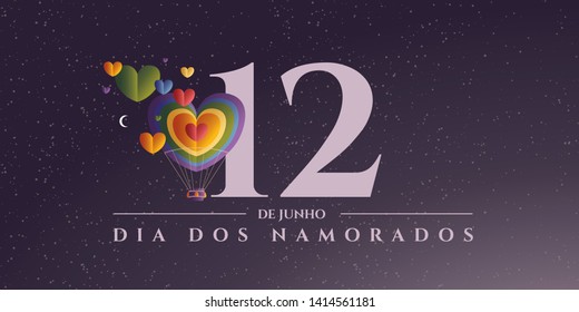 Heart Shaped Air Balloon. Valentines Day Vector Illustration. Love Representation. Romantic postcard, banner, invitation. Brazilian title, logo, lettering saying June12 Valentines Day.