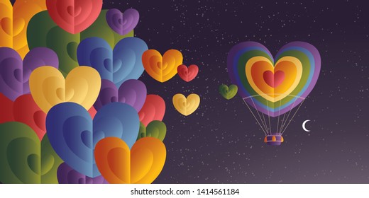 Heart Shaped Air Balloon. Valentines Day Vector Illustration. Love Representation. Romantic postcard, banner, invitation.