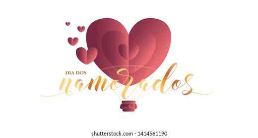 Heart Shaped Air Balloon. Valentines Day Vector Illustration. Love Representation. Romantic postcard, banner, invitation. Brazilian title, logo, lettering saying Happy Valentines Day.