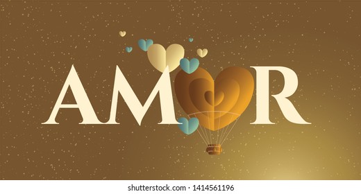 Heart Shaped Air Balloon. Valentines Day Vector Illustration. Love Representation. Romantic postcard, banner, invitation. Brazilian title, logo, lettering saying Love.