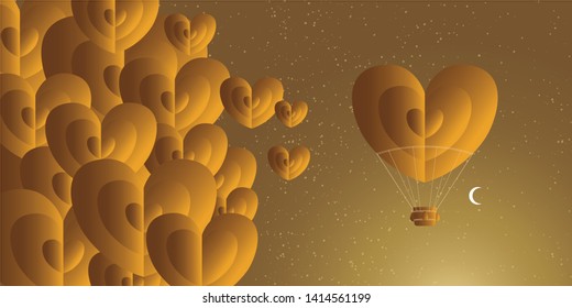 Heart Shaped Air Balloon. Valentines Day Vector Illustration. Love Representation. Romantic postcard, banner, invitation.