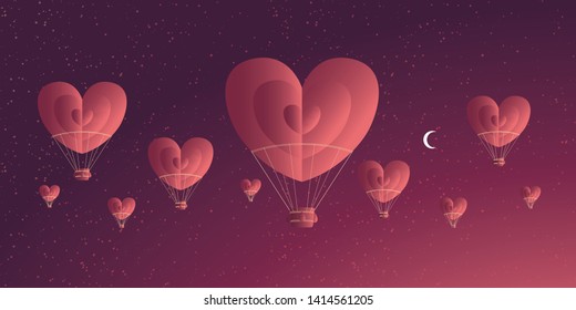 Heart Shaped Air Balloon. Valentines Day Vector Illustration. Love Representation. Romantic postcard, banner, invitation.