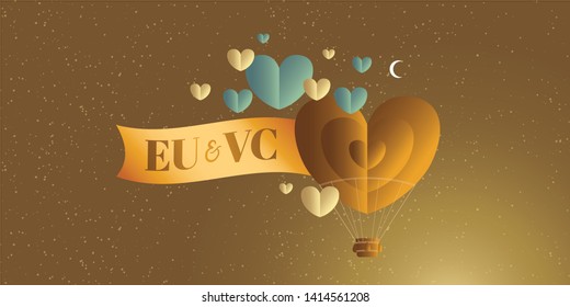 Heart Shaped Air Balloon. Valentines Day Vector Illustration. Love Representation. Romantic postcard, banner, invitation. Brazilian title, logo, lettering saying Me and You.