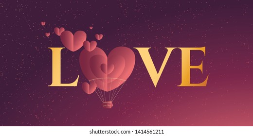 Heart Shaped Air Balloon. Valentines Day Vector Illustration. Love Representation. Romantic postcard, banner, invitation. Title, logo, lettering.