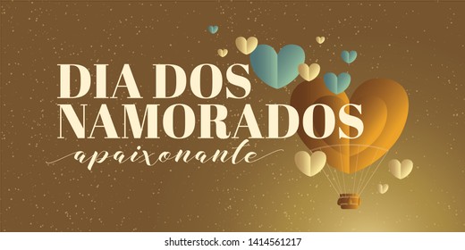 Heart Shaped Air Balloon. Valentines Day Vector Illustration. Love Representation. Romantic postcard, banner, invitation. Brazilian title, logo, lettering saying Passionate Valentines Day.