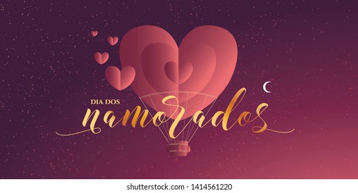 Heart Shaped Air Balloon. Valentines Day Vector Illustration. Love Representation. Romantic postcard, banner, invitation. Brazilian title, logo, lettering saying Happy Valentines Day.