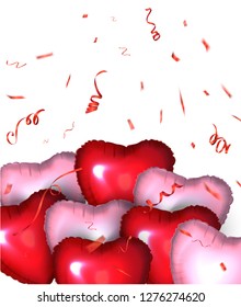 Heart shaped air balloons and confetti. Vector illustration
