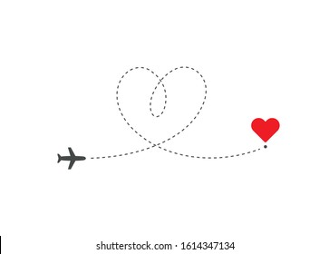 Heart shaped airplane flying on love route to destination in heart shape. Way to heart symbol. Isolated vector illustration for Valentines Day. 