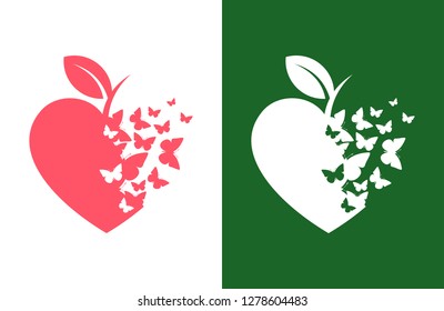 Heart Shaped Apple Icon With Flying Butterflies