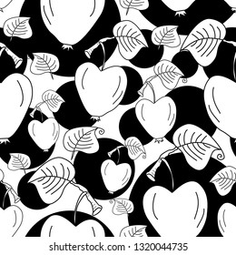 Heart shaped apple with leaf, hand drawn vector seamless pattern. Monochromatic white silhouette pattern elements on black background. 