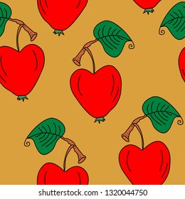 Heart shaped apple with leaf, hand drawn vector seamless pattern. Colorful pattern elements on sand color background. 