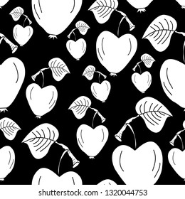 Heart shaped apple with leaf, hand drawn vector seamless pattern. Monochromatic white silhouette pattern elements on black background. 