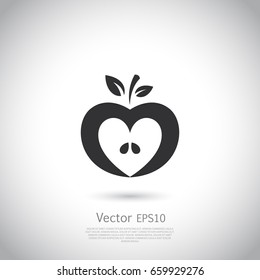 Heart Shaped Apple Vector Logo, Label, Icon. Negative Space. Vector Illustration On Gray Background.