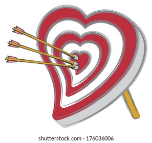 A heart shaped archery target with three arrows in the bullseye.