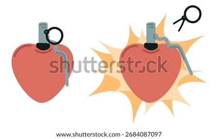 Heart shaped army fragmentation grenade. Love bomb. Romantic feeling explosion. Amour and passion expression. Lovers weapon. Gunpowder detonation. Dynamite blast pin. Valentine attack. Vector concept