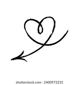 Heart shaped arrow. Brush painted arrow with marker texture. Vector illustration isolated in white background