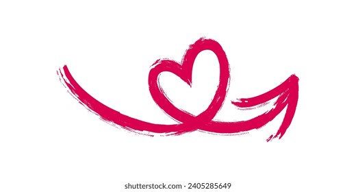 Heart shaped arrow. Brush painted love arrow with marker texture. Vector illustration isolated in white background
