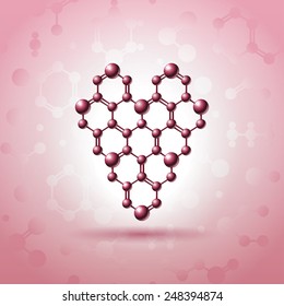 Heart shaped atomic structure with nuclear connections logo design.Saint Valentine's Day symbol isolated on light pink background vector illustration