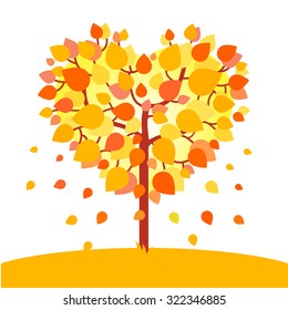 Heart shaped autumn tree. Fall love concept. Flat style vector illustration isolated on white background.