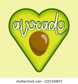 
Heart shaped avocado vector cartoon illustration. Hand drawn letters.