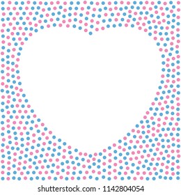 Heart shaped background made of colored baby blue and baby pink dots. Empty space and heart area on  white background for additional text. Made of randomly placed little spots. Illustration. Vector.