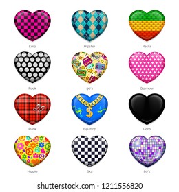 Heart shaped badges for different youth subcultures. Vector illustration