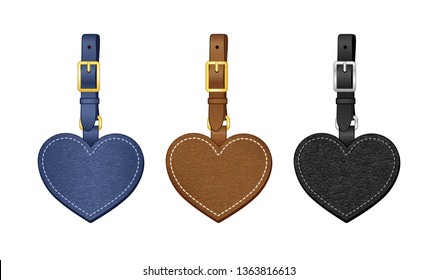 heart shaped bag charms set, leather heart shaped tags with detachable strap, vector illustration sketch template