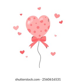 Heart shaped balloon with bow cute vector illustration. Isolated decorative hand drawn element for Valentines Day, wedding, dating and other romantic designs. Festive inflated pink heart balloon.