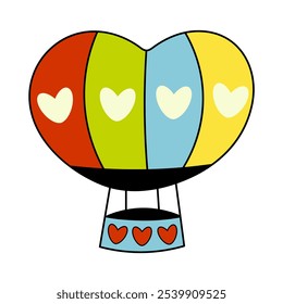 Globo en forma de corazón en colores brillantes. Una Ilustración vectorial colorida de un globo aerostático en forma de corazón. El globo se divide en cuatro secciones de Vertical, cada una llena de colores brillantes.