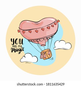 Heart shaped balloon in the clouds, declaration of love, vector for design on Valentine Day. Doodle for textiles, t-shirts or postcards.
