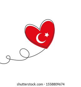 Heart shaped balloon in continuous drawing lines and glitch red heart in a flat style in continuous drawing lines and Turkish flag. Continuous black line. The work of flat design. Symbol of love and