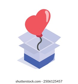 A heart shaped balloon emerging from an open box, symbolizing love and surprises