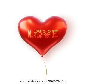 Heart Shaped Balloon. Happy Valentine's Day. Red Glossy Balloon with Gold Ribbon. Decoration Element for Valentine's Day Wedding or Birthday. Love Vector Illustration.