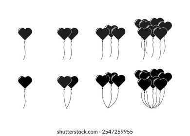 Heart shaped balloon isolated on white background black silhouette style, Valentine's day element, Romantic poster. Vector love symbol in heart shape for greeting card design