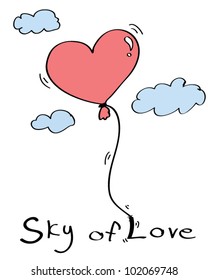 Heart shaped balloon on the sky with clouds and sky of love text - Vector
