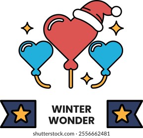 A heart shaped balloon with a red hat on top and a blue balloon with a star on it. The image is titled Winter Wonder