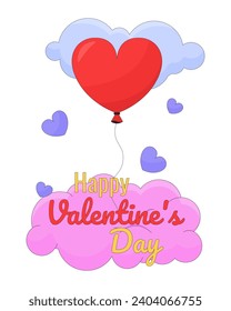 Heart shaped balloon Valentines day ecard greeting card design. Romantic mood colorful flat illustration white background. 14 february 2D cartoon vector image, event special occasion postcard